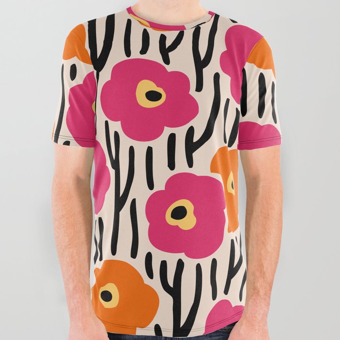Floral  Pattern Hot Pink and Orange All Over Graphic Tee