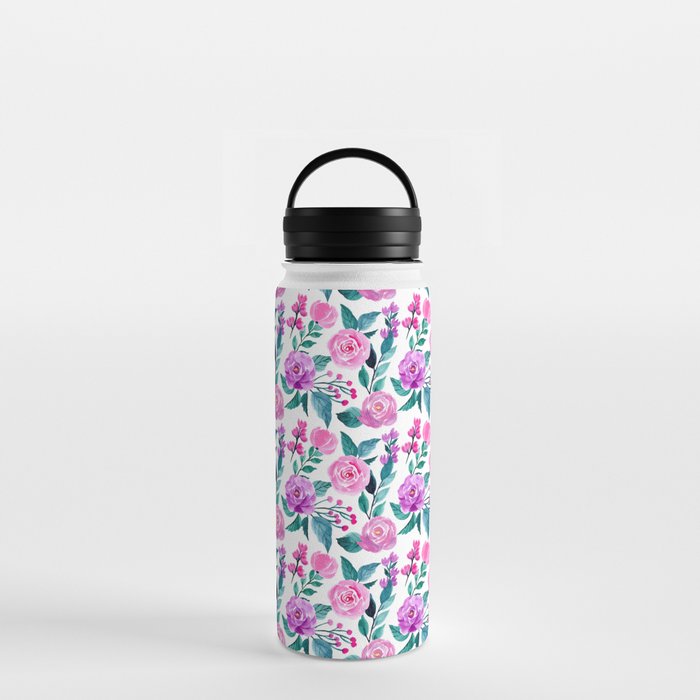 Pink and purple watercolor rose Water Bottle