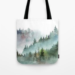 Watercolor Pine Forest Mountains in the Fog Tote Bag