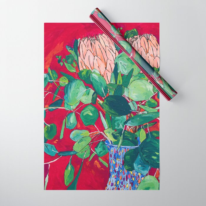 Two Proteas on Red, Pink, and Purple Floral Still Life with Fynbos Wrapping Paper