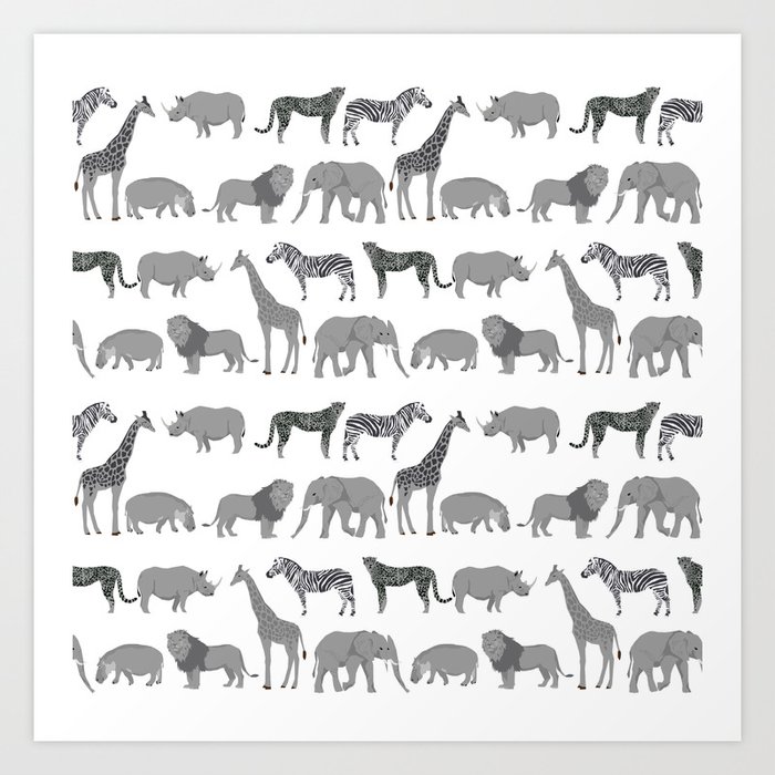 Safari animals minimal grey and white zebra giraffe cheetah hippo rhino nursery Art Print