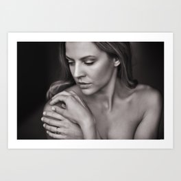 Seated woman with posed hands sensual nude portrait black and white photograph Art Print