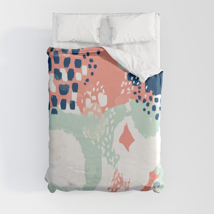 Kayl - abstract painting minimal coral mint navy color palette boho hipster decor nursery Duvet Cover
