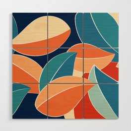 Soft Colorful Leaves Foliage Abstract Nature Art Drawing In Retro 70s & 80s Color Palette Wood Wall Art
