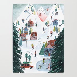 Skiing Winter Village Poster