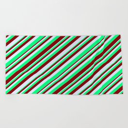 [ Thumbnail: Green, Maroon & Lavender Colored Striped/Lined Pattern Beach Towel ]