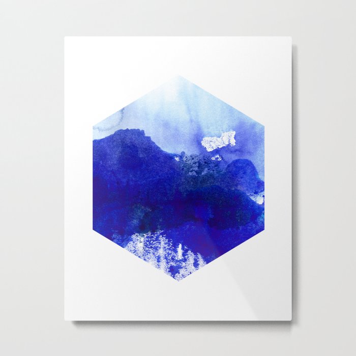 Blue and White Hexagon Abstract Watercolor Metal Print