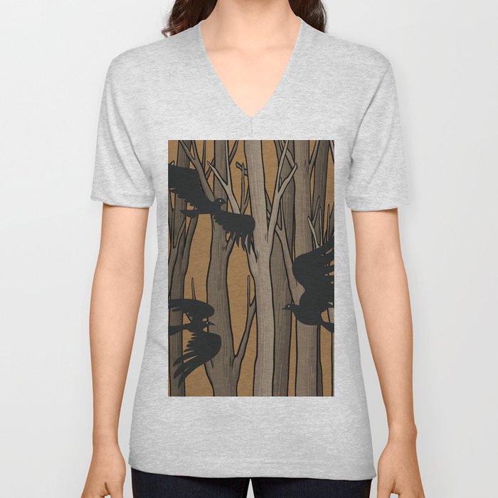 Trees with abstract birds 2 V Neck T Shirt