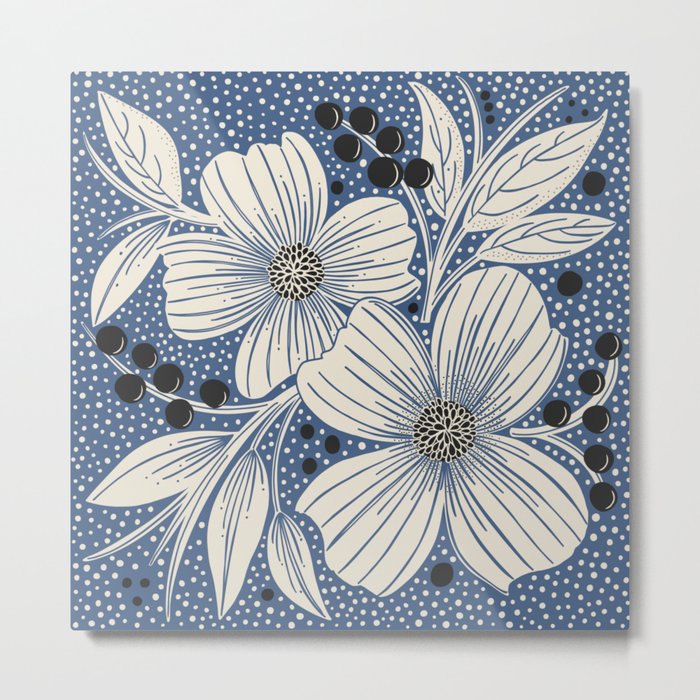 French Country Botanicals in blue Metal Print