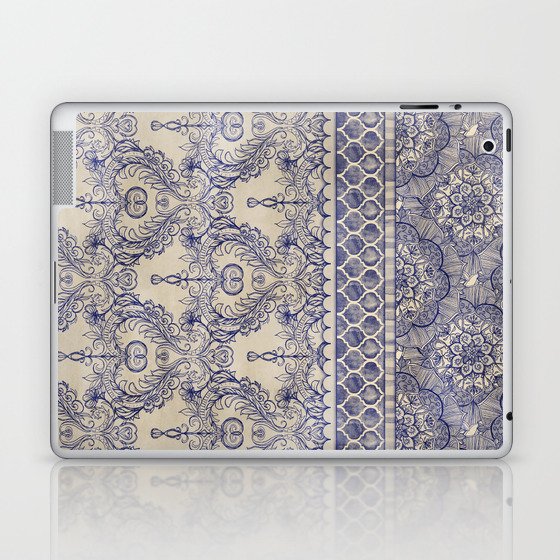 Vintage Wallpaper - hand drawn patterns in navy blue & cream Laptop & iPad Skin