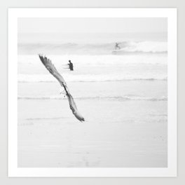 Ocean Surfing Print - Black White Beach - Seagull Flight - Minimal Sea photography by Ingrid Beddoes Art Print
