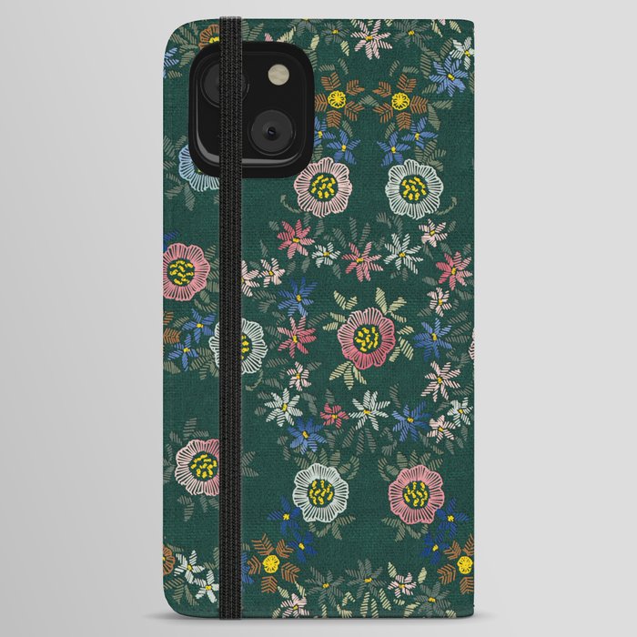 Modern embroidered flowers emerald iPhone Wallet Case