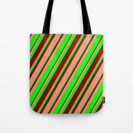 [ Thumbnail: Dark Salmon, Lime, and Dark Red Colored Lines Pattern Tote Bag ]