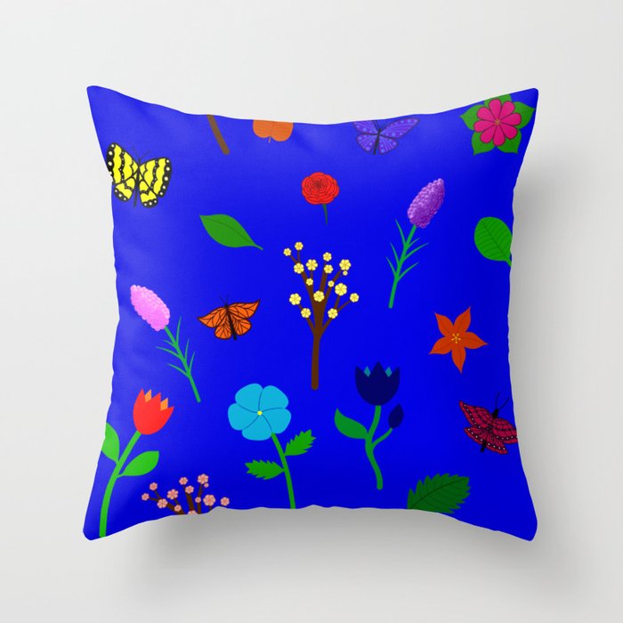 Scattered Flowers And Butterflies Blue Background Throw Pillow By Stephobrien Society6