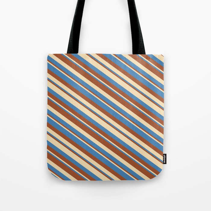 Tan, Blue & Sienna Colored Stripes/Lines Pattern Tote Bag