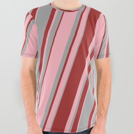 [ Thumbnail: Dark Grey, Brown & Light Pink Colored Lined Pattern All Over Graphic Tee ]