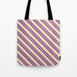 [ Thumbnail: Indigo and Tan Colored Stripes/Lines Pattern Tote Bag ]