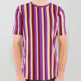 [ Thumbnail: Maroon, Dark Orchid, and Beige Colored Striped/Lined Pattern All Over Graphic Tee ]