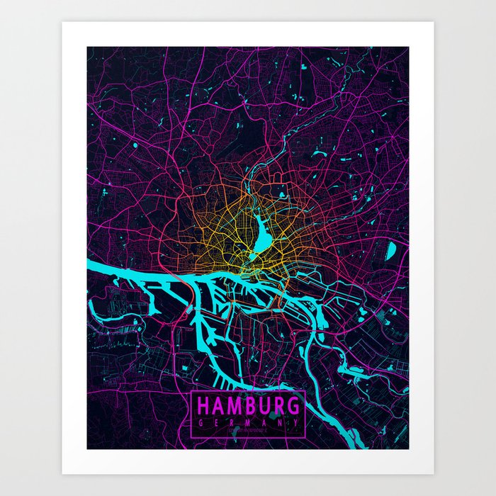 Hamburg City Map of Germany - Neon Art Print