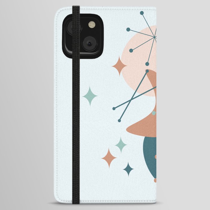 Mid Century, Atomic Age Abstract Shapes, Boomerang and Starburst in Teal, Peach, Light Blue and Dark Salmon iPhone Wallet Case