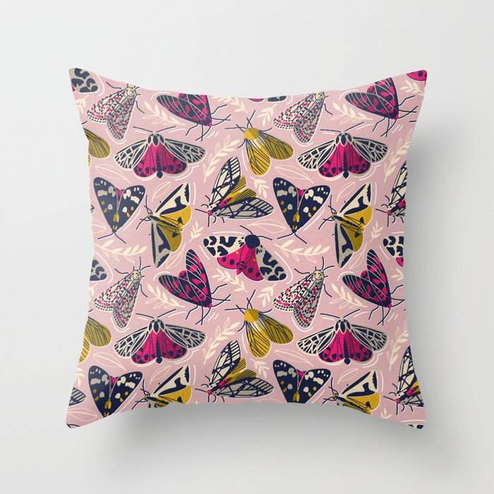 Quirky beautiful moths // pale chestnut pink textured background oxford navy blue ivory yellow and fuchsia pink tiger moth insects Throw Pillow