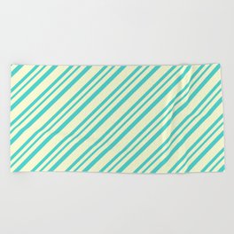 [ Thumbnail: Light Yellow and Turquoise Colored Lined Pattern Beach Towel ]