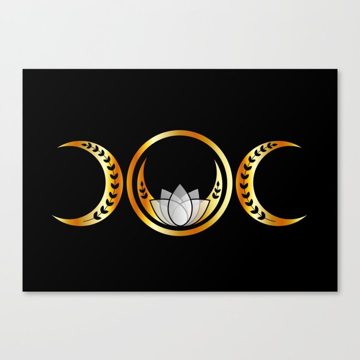 Golden triple moon fertility symbol with moons lotus and vines Canvas Print