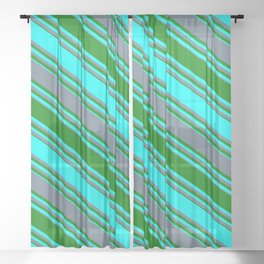 [ Thumbnail: Slate Gray, Green & Cyan Colored Stripes/Lines Pattern Sheer Curtain ]