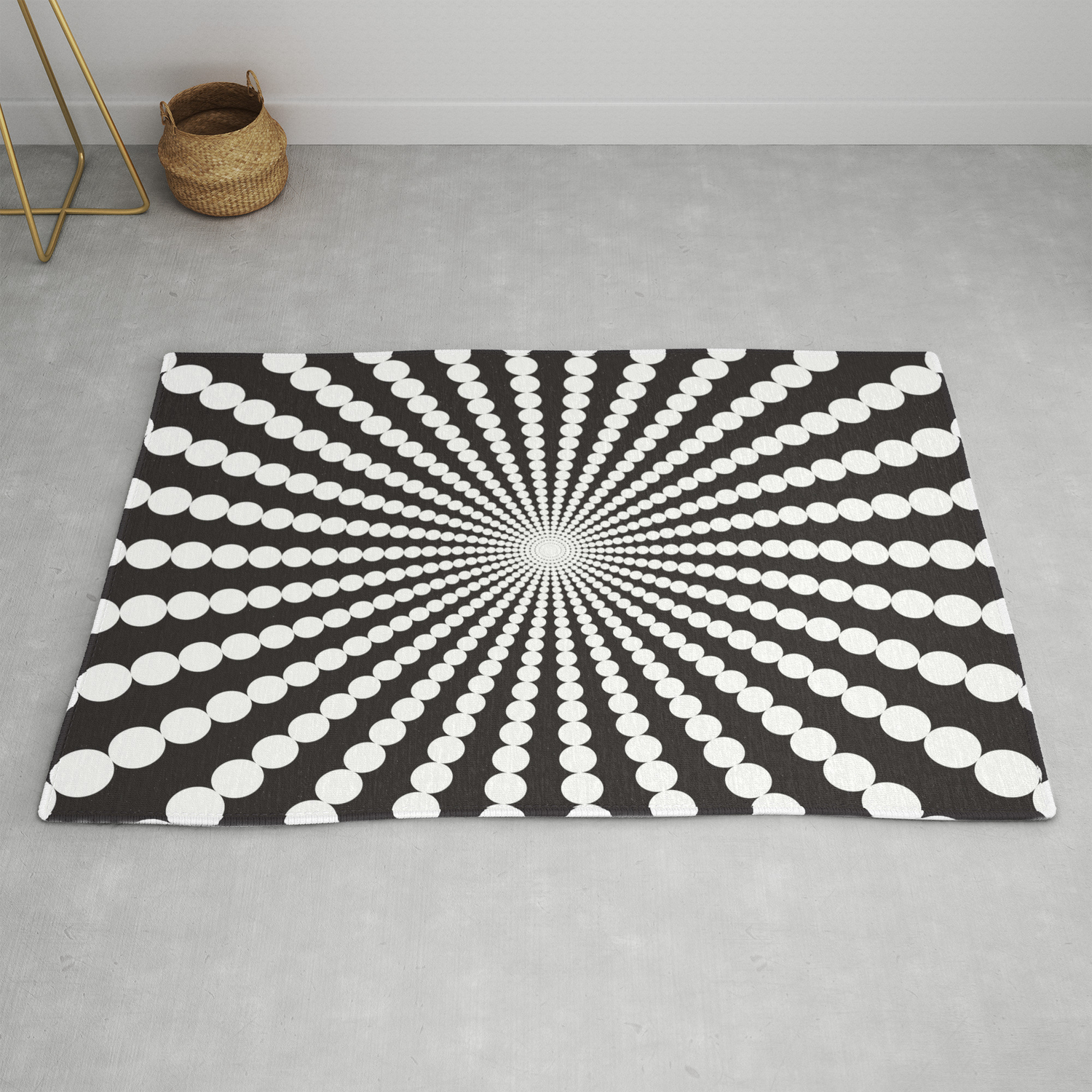 White Dots Swirl On A Black Background Abstract Art Rug By