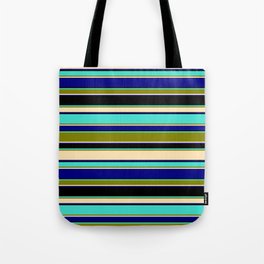 [ Thumbnail: Turquoise, Green, Beige, Blue & Black Colored Striped/Lined Pattern Tote Bag ]