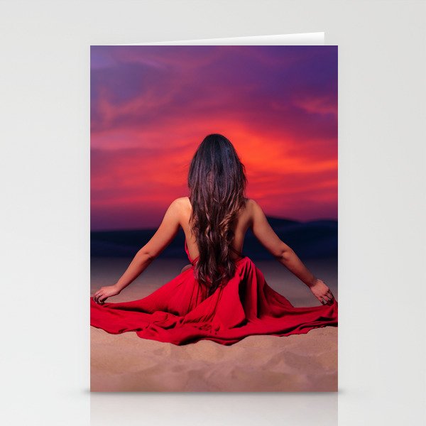 Another tequila sunrise; woman watching purple and pink sunrise in the desert magical realism female portrait color photograph / photography Stationery Cards