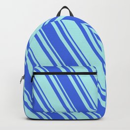 [ Thumbnail: Royal Blue & Turquoise Colored Lined/Striped Pattern Backpack ]
