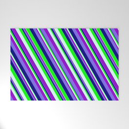 [ Thumbnail: Colorful Light Cyan, Dark Violet, Medium Slate Blue, Blue & Lime Colored Lined Pattern Welcome Mat ]