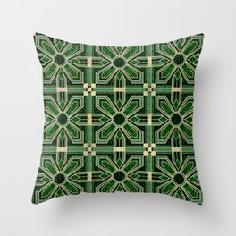 Art Deco Floral Tiles in Emerald Green and Faux Gold Throw Pillow