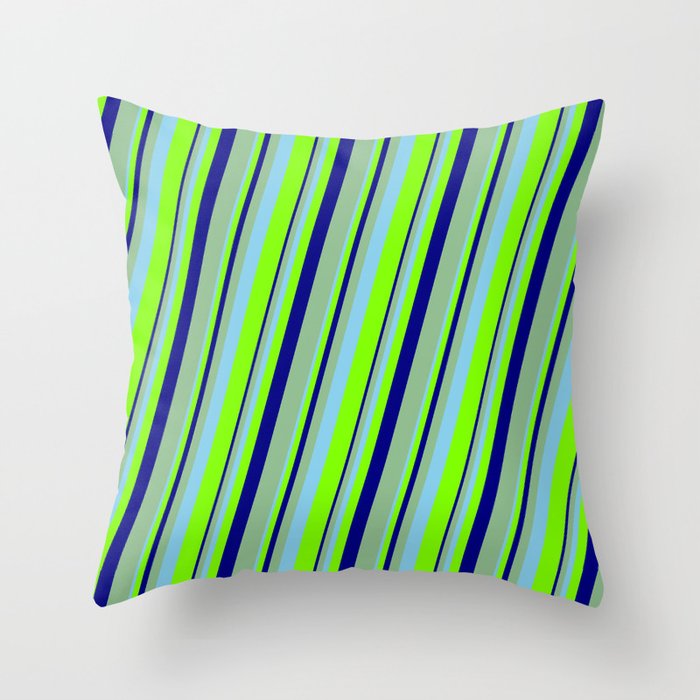 Sky Blue, Chartreuse, Blue & Dark Sea Green Colored Lines Pattern Throw Pillow