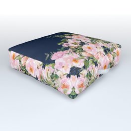 Boho, Floral Watercolor, Roses, Navy Blue and Pink Outdoor Floor Cushion