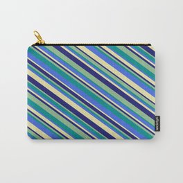 [ Thumbnail: Dark Sea Green, Dark Cyan, Royal Blue, Pale Goldenrod, and Midnight Blue Colored Stripes Pattern Carry-All Pouch ]