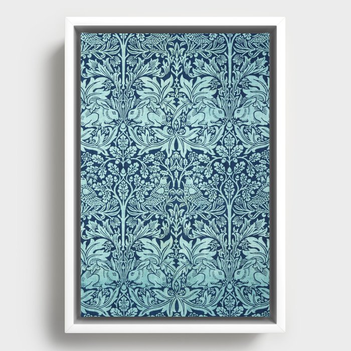 William Morris Teal Blue Rabbit And Floral Vintage Wall Paper Pattern Framed Canvas