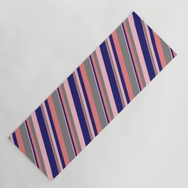 [ Thumbnail: Light Coral, Gray, Pink & Midnight Blue Colored Stripes Pattern Yoga Mat ]