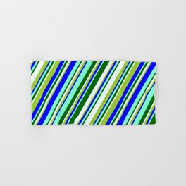 [ Thumbnail: Eyecatching Green, Blue, Aquamarine, Dark Green, and Mint Cream Colored Stripes Pattern Hand & Bath Towel ]