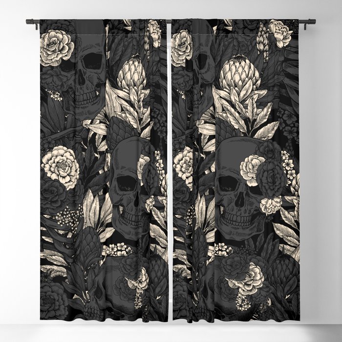 Skulls and Flowers Gothic Floral Black Beige Vintage Blackout Curtain