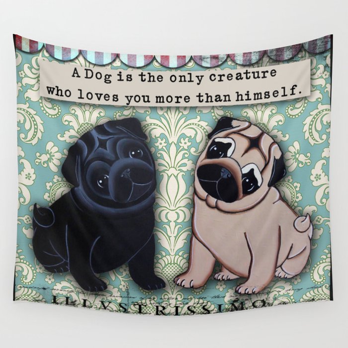 Black and Fawn Pug Puppies Wall Tapestry