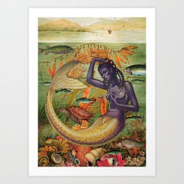 Beautiful Bliss  Art Print | Goddess, Blacklady, Woman, Antique, Vintage, Nature, Ocean, Surrealism, Seaweed, Fish 