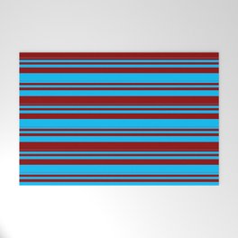 [ Thumbnail: Deep Sky Blue & Dark Red Colored Lined/Striped Pattern Welcome Mat ]
