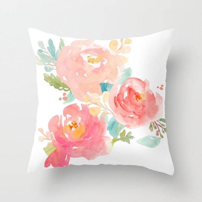 Watercolor Peonies Summer Bouquet Throw Pillow