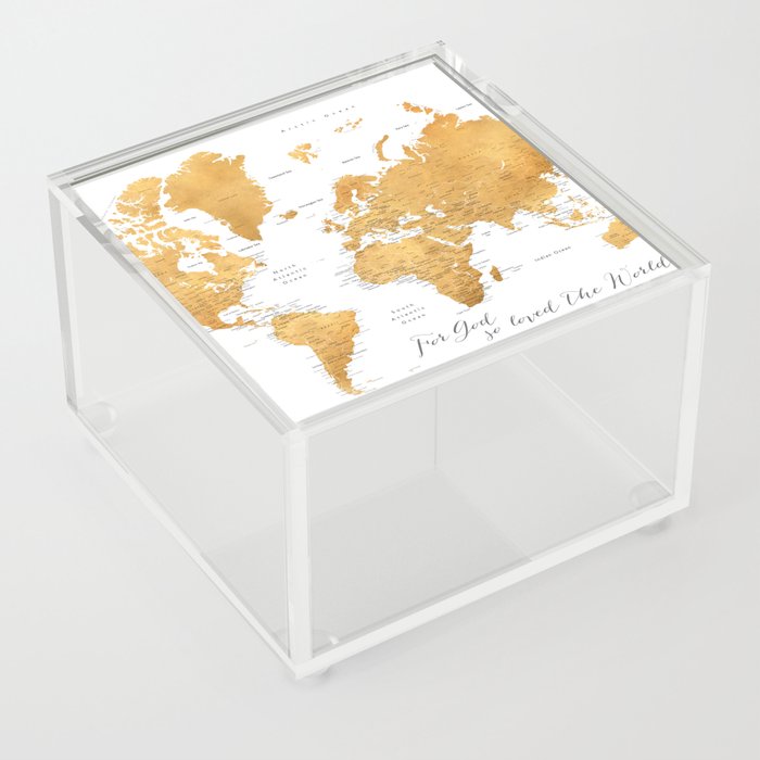 For God so loved the world, world map in gold Acrylic Box