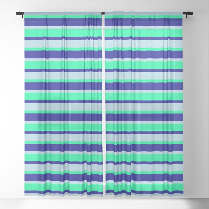 Light Blue, Green & Dark Blue Colored Lines/Stripes Pattern Sheer Curtain