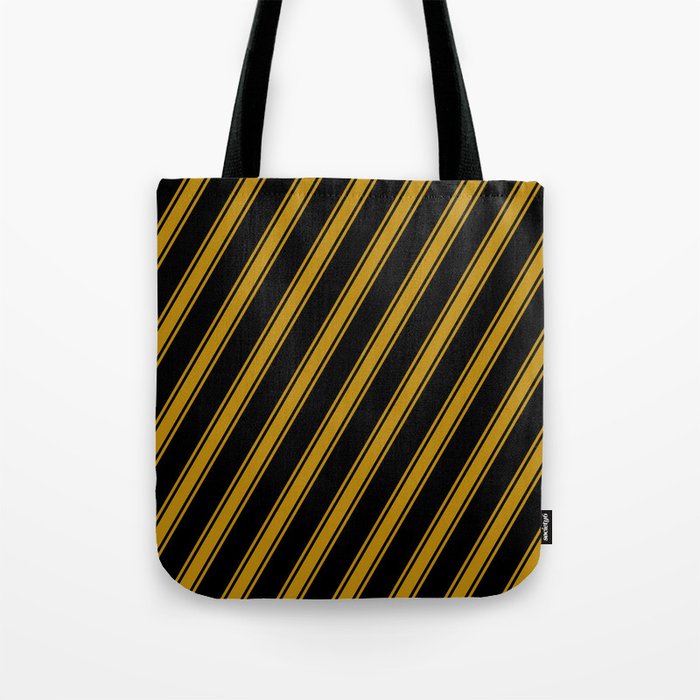 Black & Dark Goldenrod Colored Lines Pattern Tote Bag