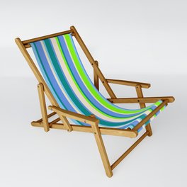 [ Thumbnail: Eye-catching Chartreuse, Light Sky Blue, Dark Cyan, Cornflower Blue, and Beige Colored Lines Pattern Sling Chair ]
