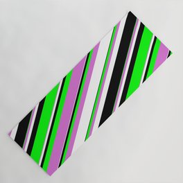 [ Thumbnail: Lime, Orchid, White & Black Colored Lined/Striped Pattern Yoga Mat ]